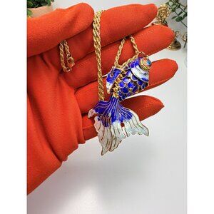Articulated Enamel Koi Fish Necklace Gold Tone Blue Silver Vintage